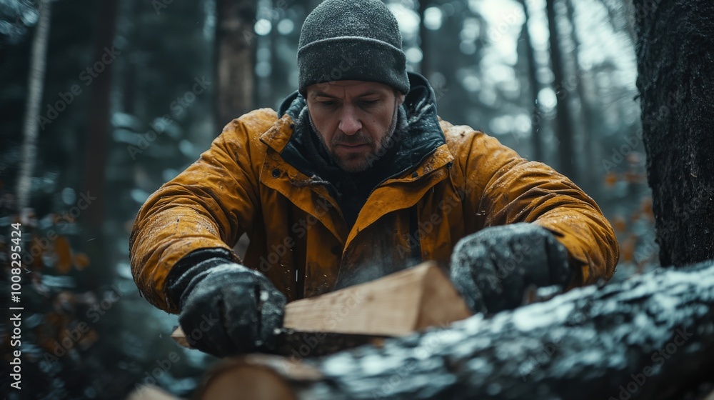 Man Chopping Wood in a Forest, Outdoor Survival Activity Man Chopping Wood in a Forest, Outdoor Survival Activity
