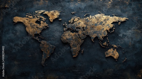 Fototapeta Naklejka Na Ścianę i Meble -  A golden world map on a dark textured background.