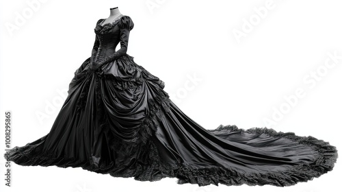 Black Satin Ball Gown with Lace Detail and Long Train photo