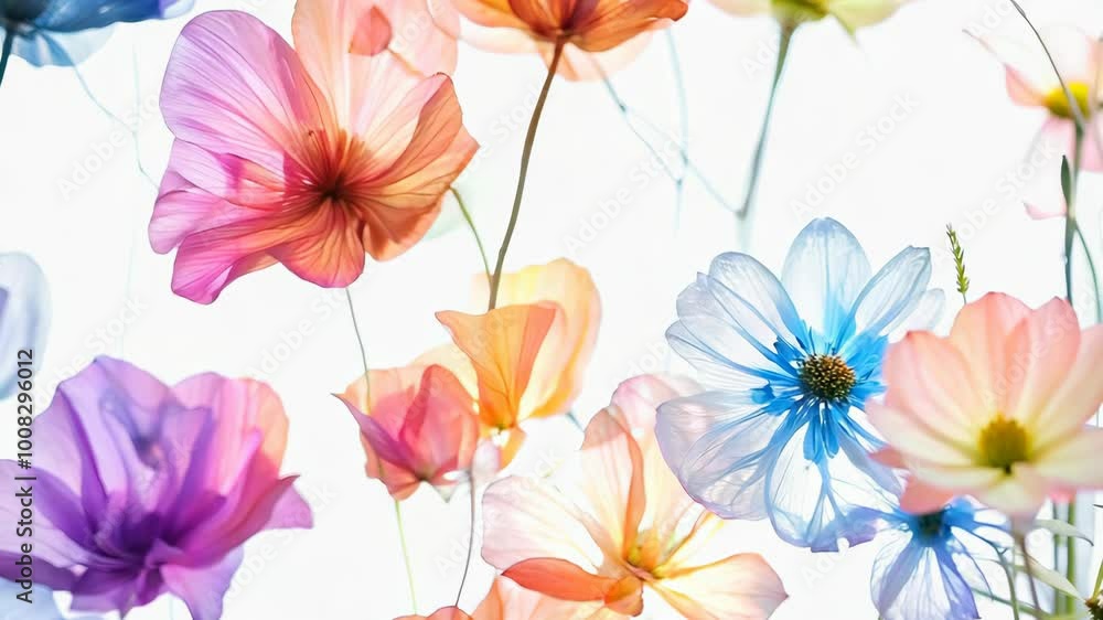 Colorful translucent flowers on a bright background creating a dreamy atmosphere, 4k footage Colorful translucent flowers on a bright background creating a dreamy atmosphere, 4k footage
