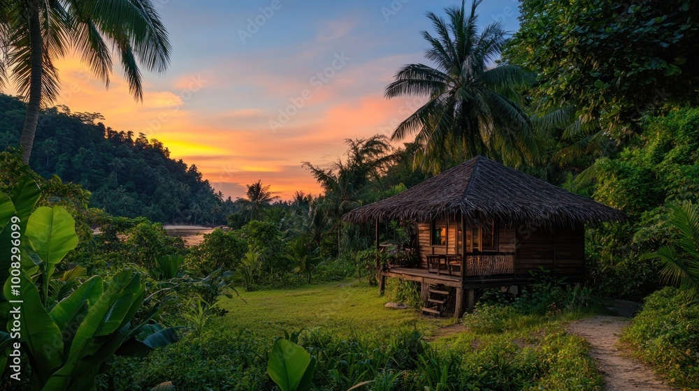 A wooden cabin nestled amidst lush greenery with a beautiful sunset in the background. A wooden cabin nestled amidst lush greenery with a beautiful sunset in the background.