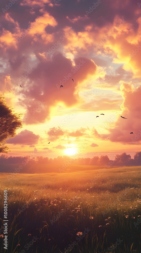 Obraz premium Serene sunset over a grassy field with colorful clouds.