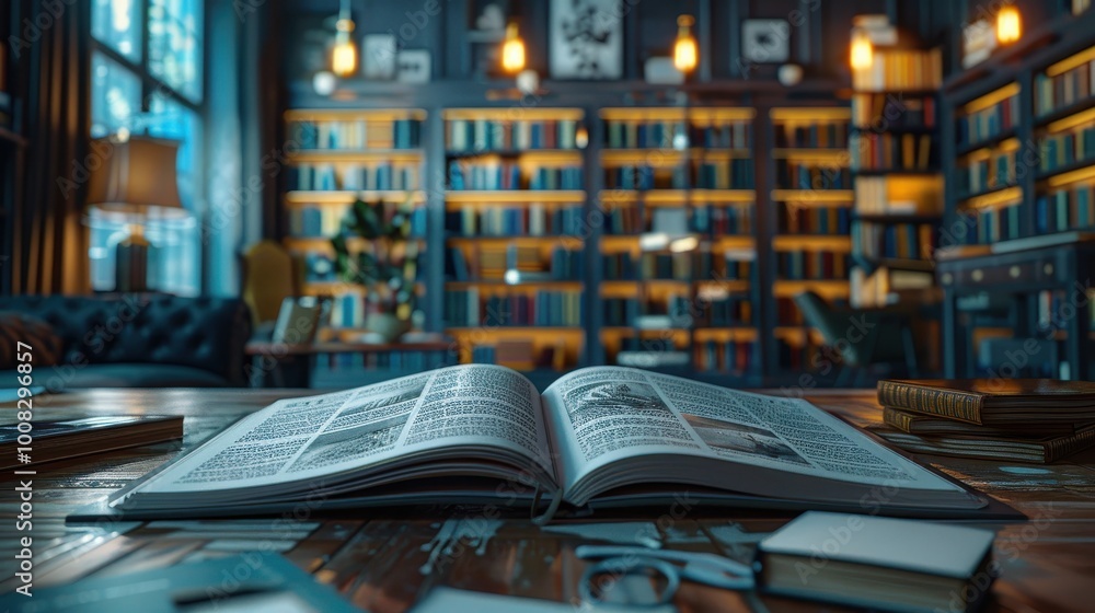 Cozy library with an open book on the table and shelves filled with books. Cozy library with an open book on the table and shelves filled with books.