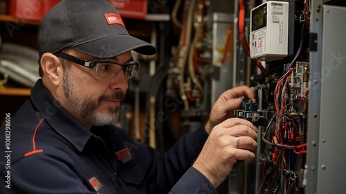 Wallpaper Mural A man in a cap and glasses is working on a electrical panel. Torontodigital.ca