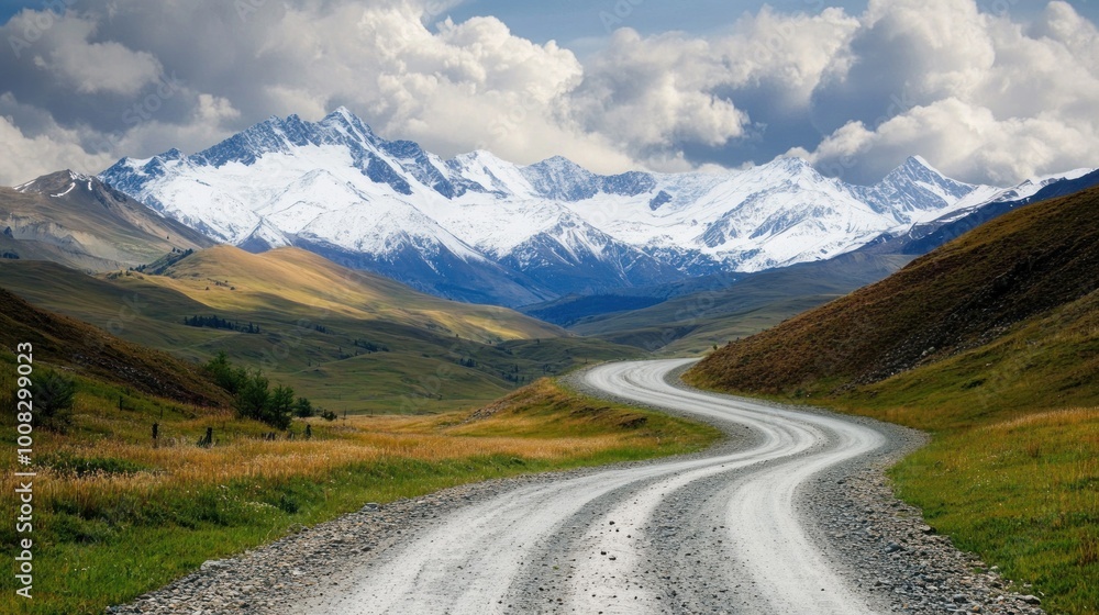 A winding dirt road leads through green valleys towards a snow-capped mountain range. A winding dirt road leads through green valleys towards a snow-capped mountain range.