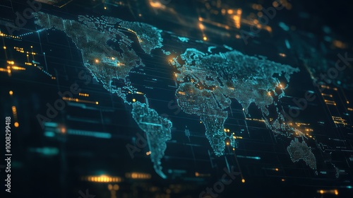 A digital world map with glowing blue and yellow dots and lines on a black background.