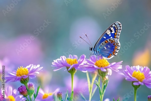 Vibrant butterfly perched on purple wildflowers in spring