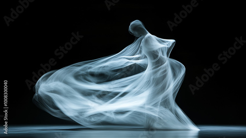 Mystical mist. Swirling smoke in dark and light symphony. Fluid fantasia. Abstract dance of fog and light on floor with black background 