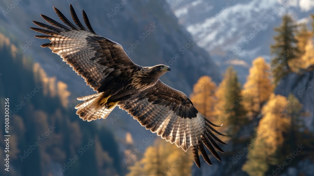 Golden eagle in flight with its wings spread, soaring over mountains and trees. Golden eagle in flight with its wings spread, soaring over mountains and trees.