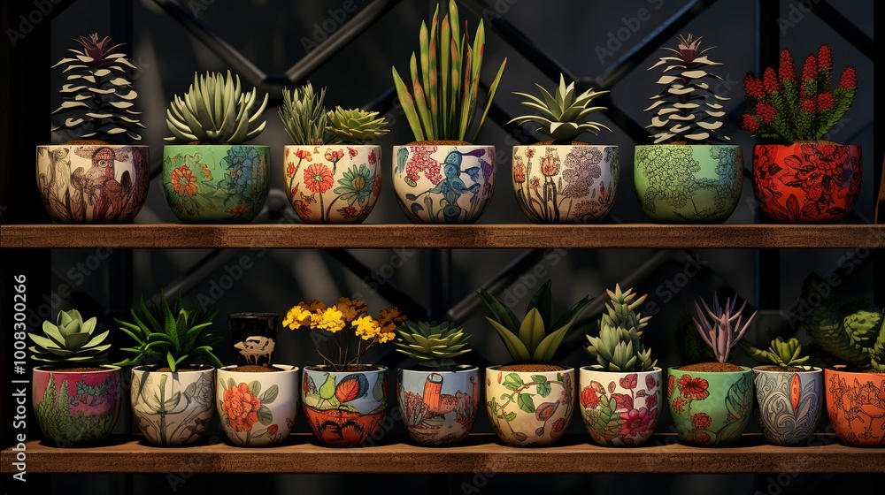 A photo of a display of hand-painted ceramic plant A photo of a display of hand-painted ceramic plant