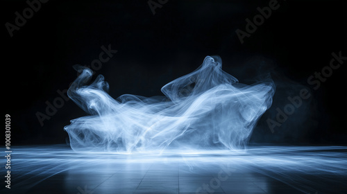 Mystical mist. Swirling smoke in dark and light symphony. Fluid fantasia. Abstract dance of fog and light on floor with black background 