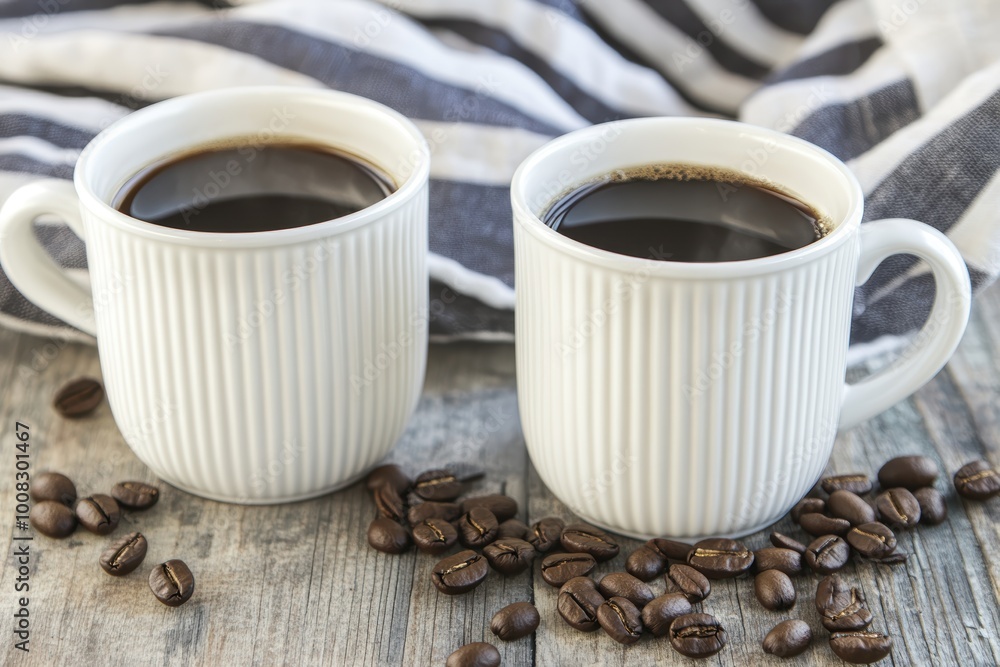 Steaming coffee in white mugs with scattered beans on wooden surface Steaming coffee in white mugs with scattered beans on wooden surface