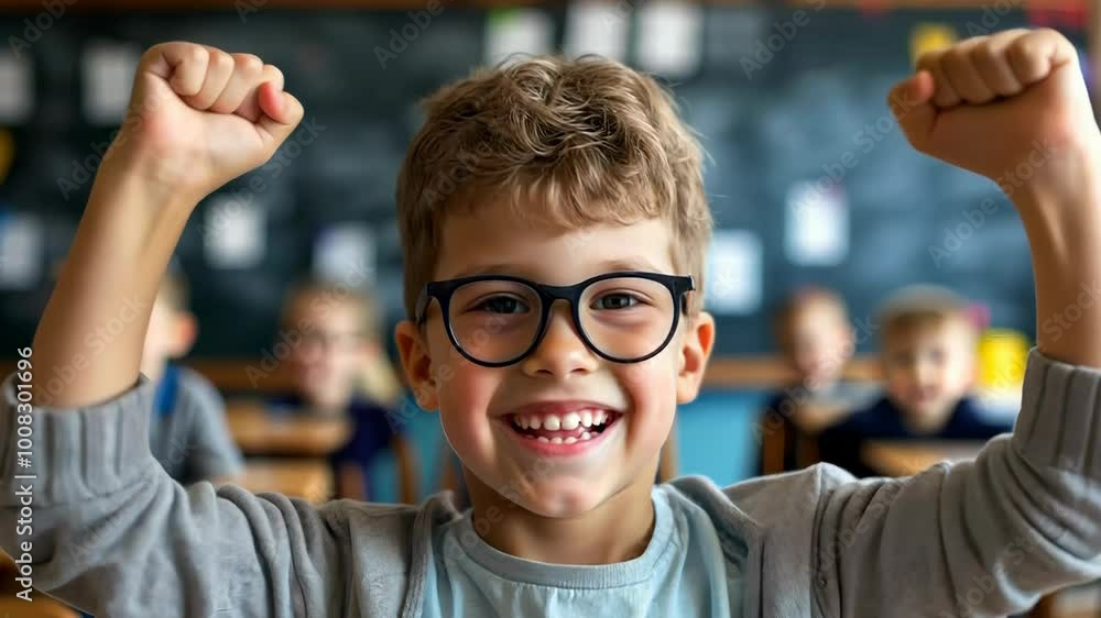 Enthusiastic student celebrating success in a lively classroom environment, 4k footage Enthusiastic student celebrating success in a lively classroom environment, 4k footage