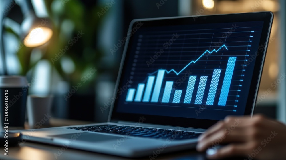A laptop displaying a financial graph with a hand positioned on the keyboard. A laptop displaying a financial graph with a hand positioned on the keyboard.
