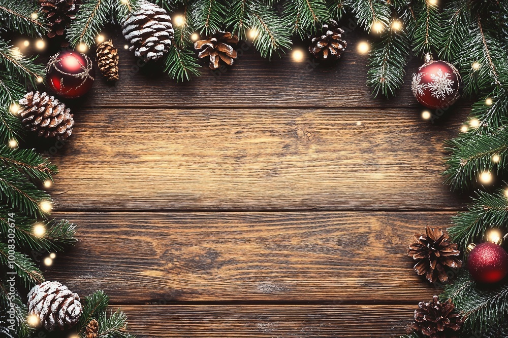 Christmas background with fir tree and decoration on dark wooden board Christmas background with fir tree and decoration on dark wooden board