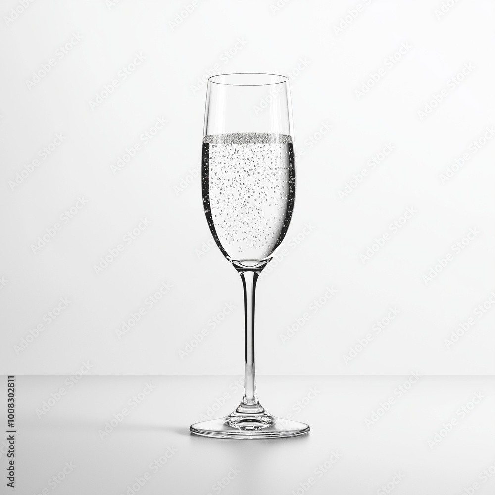 Obraz premium Champagne flute with sparkling bubbles on minimalist white background