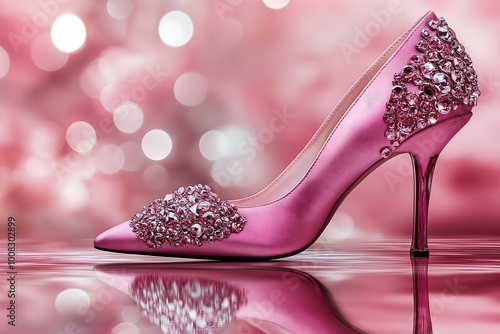 Pink high heeled shoe embellished with sparkling crystals, glamorous design, shiny texture, softly blurred background.