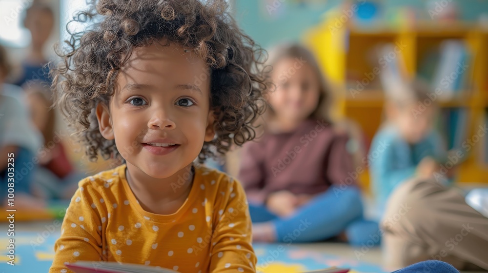 Happy child in a classroom, engaging with peers and enjoying learning activities. Happy child in a classroom, engaging with peers and enjoying learning activities.