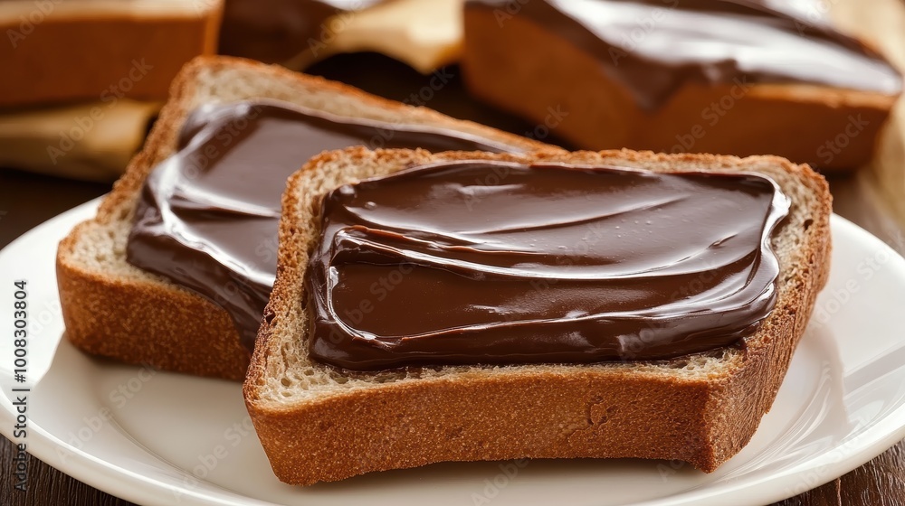 Chocolate spread on slices of fresh bread Chocolate spread on slices of fresh bread