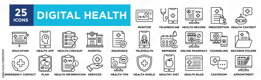 Digital Health icon collection set. Containing design digital, technology, health, medical, patient, care Digital Health icon collection set. Containing design digital, technology, health, medical, patient, care