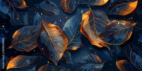 A beautiful blue and gold leafy background with a lot of leaves. The leaves are a mix of gold and blue, creating a serene and calming atmosphere. The leaves are scattered throughout the background