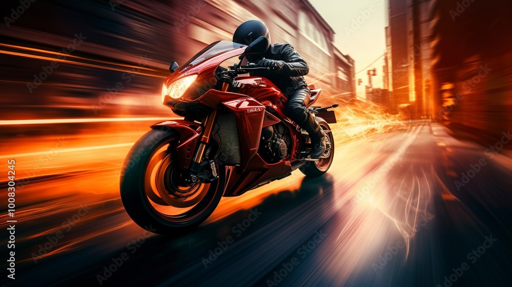 Fototapeta premium Motorcyclist riding fast through an urban street with motion blur effect.