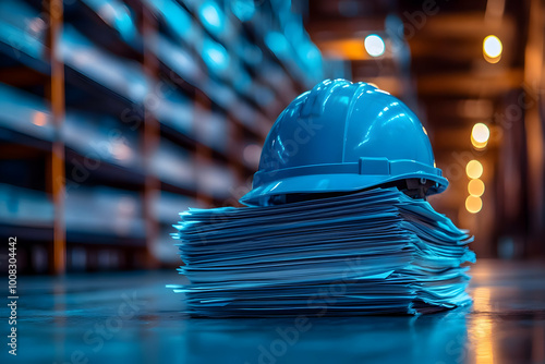 Construction Site Photo: Blue Hard Hat Resting on Paperwork photo