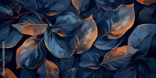 A painting of leaves with a blue background and gold accents. The leaves are arranged in a way that creates a sense of depth and movement. The overall mood of the painting is serene and calming