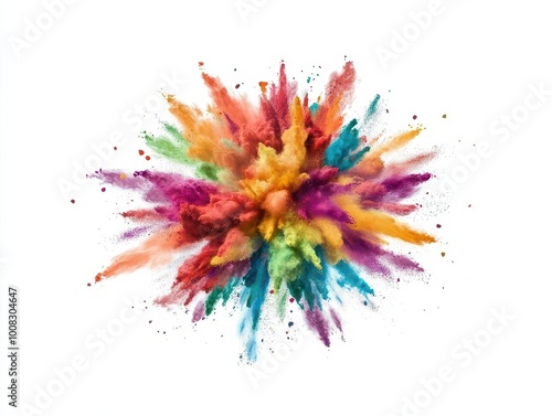 Rainbowcolored Holi powder explosion isolated on white flat design, top view, energetic celebration theme, cartoon drawing, Splitcomplementary color scheme