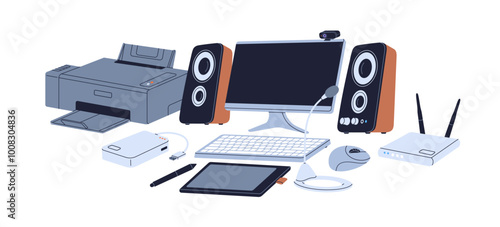 Computer workstation setup with monitor, printer and audio equipment. Workspace, workplace with digital devices, router, tablet and microphone. Flat vector illustration isolated on white background
