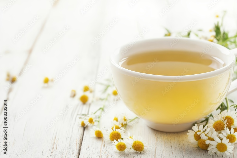 Serene chamomile tea moment on wooden surface Serene chamomile tea moment on wooden surface