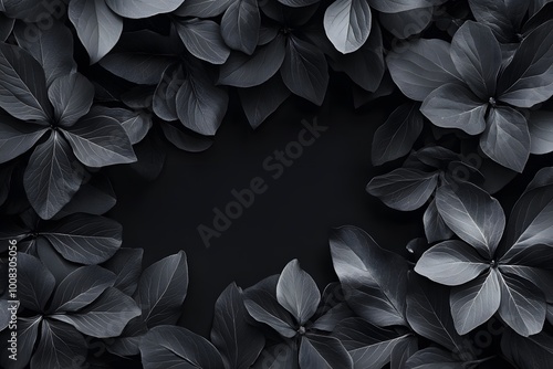 A dark background framed by lush, monochromatic leaves.