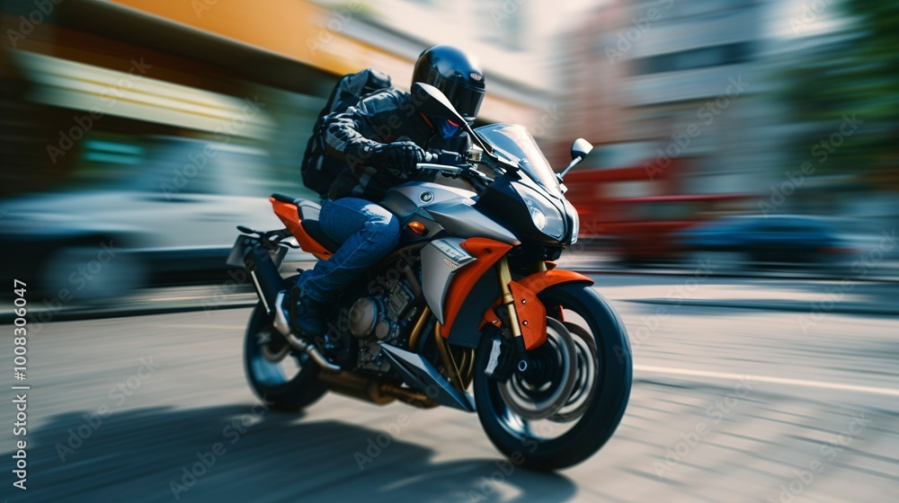 Fototapeta premium Motorcyclist in action on a city street at sunset, dynamic motion blur background.