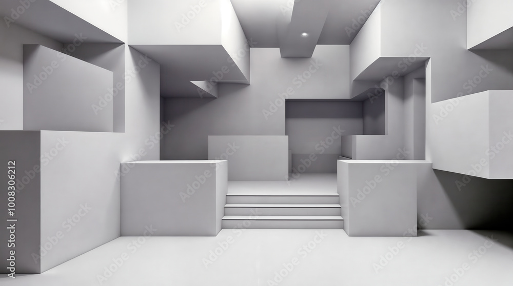 Minimalist architectural 3D interior with geometric shapes, white cubes, and stairs, showcasing modern design and abstract spatial concept Minimalist architectural 3D interior with geometric shapes, white cubes, and stairs, showcasing modern design and abstract spatial concept