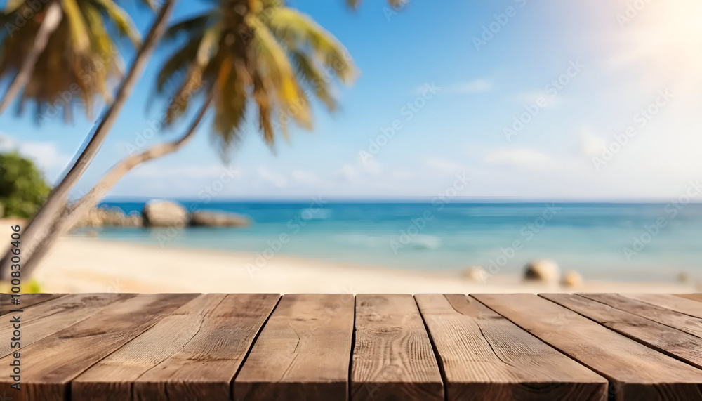Fototapeta premium wood table bokeh coconut tree background