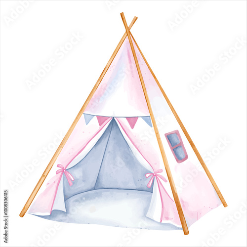 Watercolor teepee tent. Hand drawn playhouse in pastel colors. Baby accessories