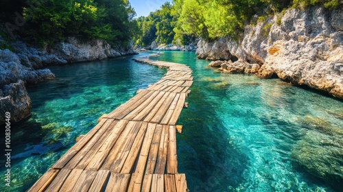 Wooden walkway over clear turquoise water in a rocky cove.