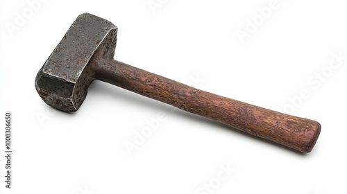 Rusty Metal Hammer with Wooden Handle Isolated on White