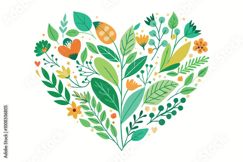 The shape of a heart drawn with a multitude of leaves and colorful flowers on a white background 
