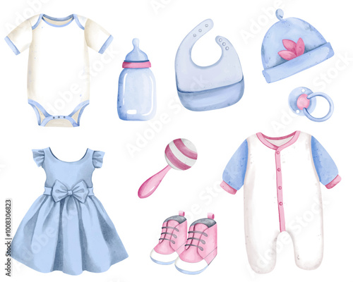 Watercolor baby accessories and cloth. Hand drawn nursery set in pastel colors. Things for newborn