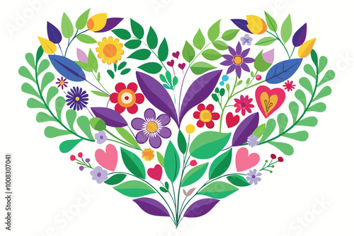 The shape of a heart drawn with a multitude of leaves and colorful flowers on a white background 
