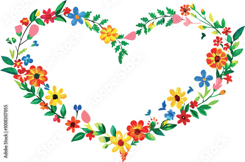 The shape of a heart drawn with a multitude of leaves and colorful flowers on a white background 
