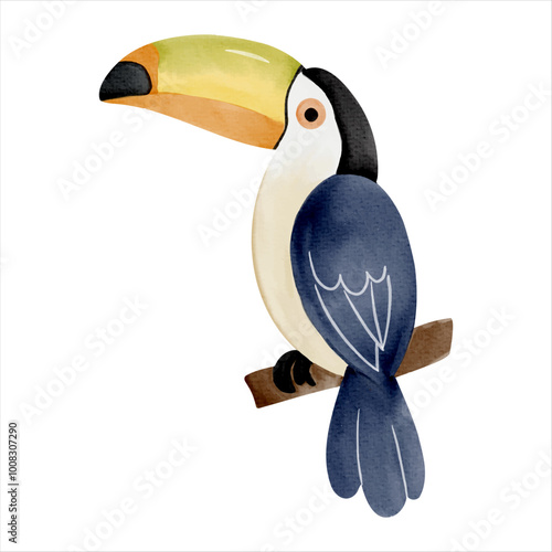 Cute watercolor toucan. Illustration of hand drawn tropical bird. Wild jungle safari birds.