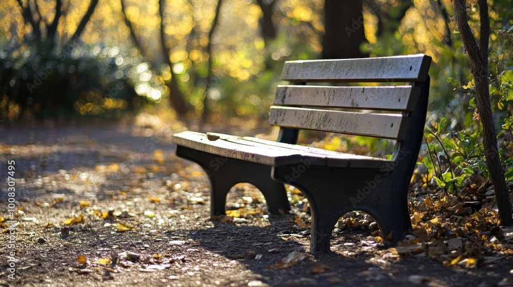 A wooden bench sits alone in a park covered in fallen leaves. A wooden bench sits alone in a park covered in fallen leaves.