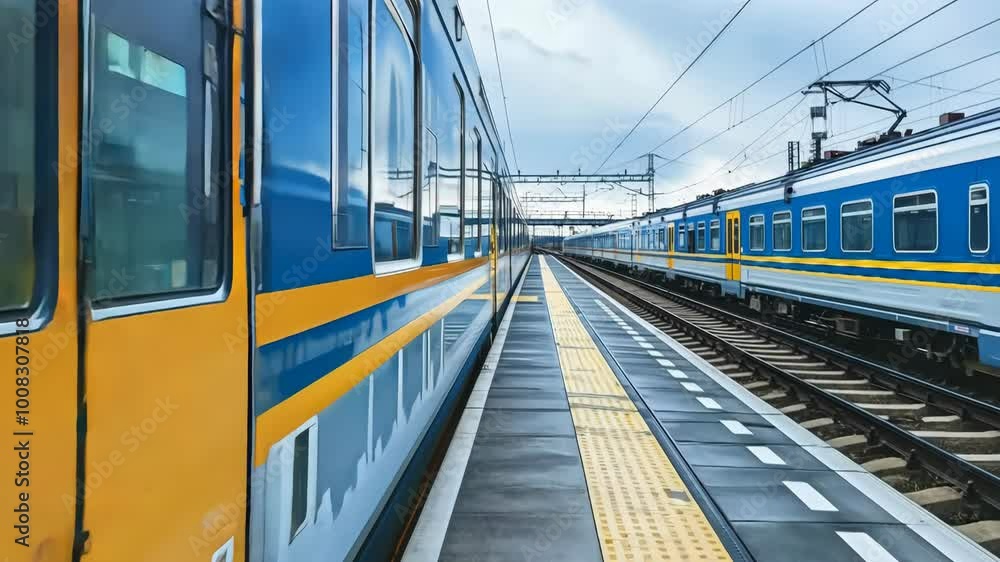 Blue and yellow trains at a modern station with empty platform and cloudy sky, 4k footage Blue and yellow trains at a modern station with empty platform and cloudy sky, 4k footage