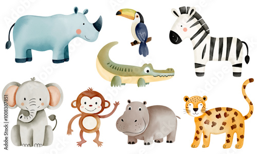 Wild jungle animals. Watercolor african zebra, elephant, leopard, monkey, toucan. Hand drawn safari animals set.