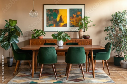 Design of a modern dining room featuring a large wooden table