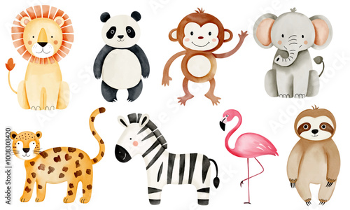Wild jungle animals. Watercolor african zebra, elephant, panda, monkey, lion. Hand drawn safari animals set.