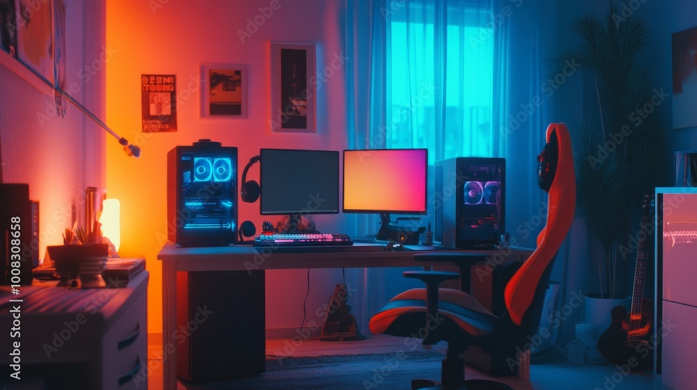 Gaming desk with multi-colored sRGB lights, dim room, clear window visible for an atmospheric, cozy setup Gaming desk with multi-colored sRGB lights, dim room, clear window visible for an atmospheric, cozy setup
