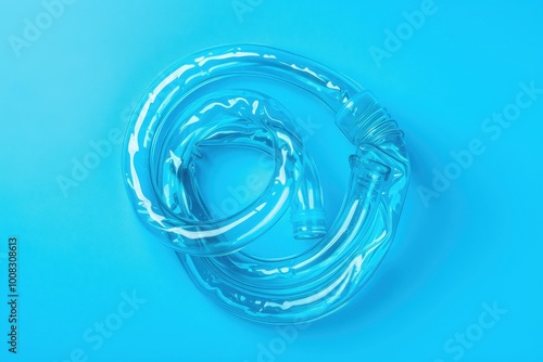 A spiraled transparent hose on a vibrant blue background, showcasing its flexible structure and reflective surface, capturing a playful yet intriguing aesthetic photo